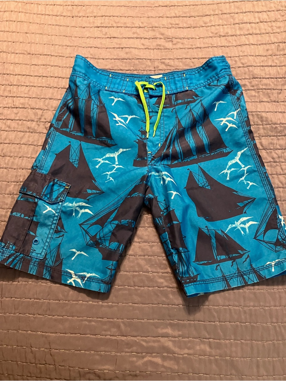 Gymboree Teal Swim Trunks with Navy Sailboat Print and Lime Drawstring